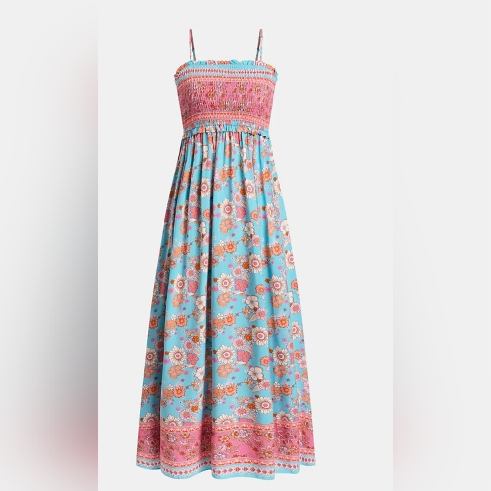 Cupshe Floral Maxi Dress With Cinched Ruffle Top- in Aqua & Coral - Picture 7 of 14